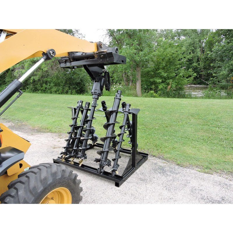 Berlon Industries BBR-AR auger rack loaded with augers beside a skid steer