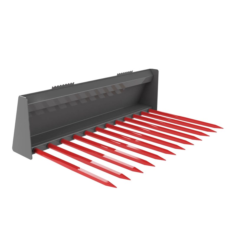 Berlon Industries MTMF manure fork with red Conus tines, front three quarter view