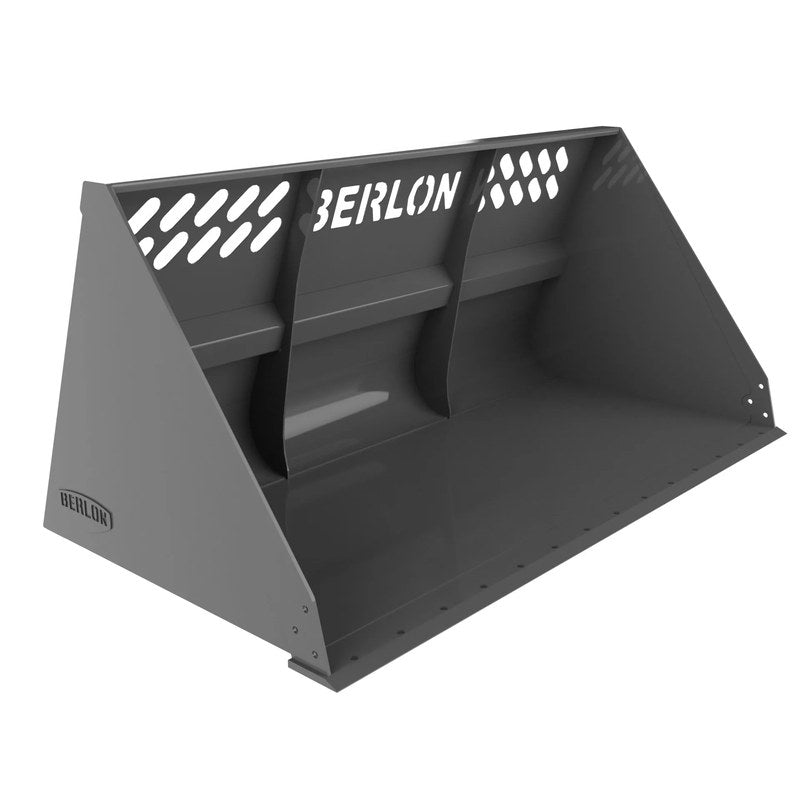 Berlon Industries SCSB super capacity skid steer snow bucket, front three quarter view