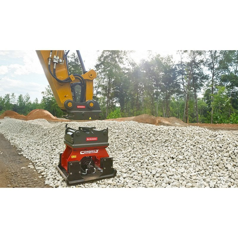 Connect Work Tools CC series excavator plate compactor on a crushed stone base, jobsite view