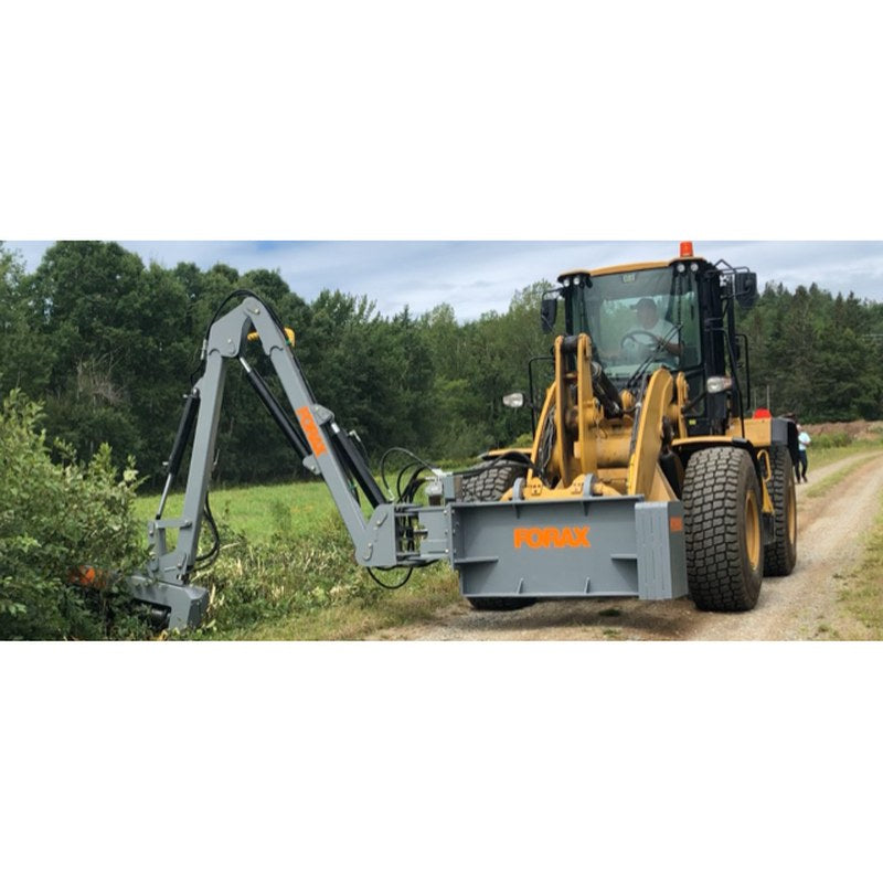 Forax Equipment loader mounted implement boom brushing a roadside from a wheel loader