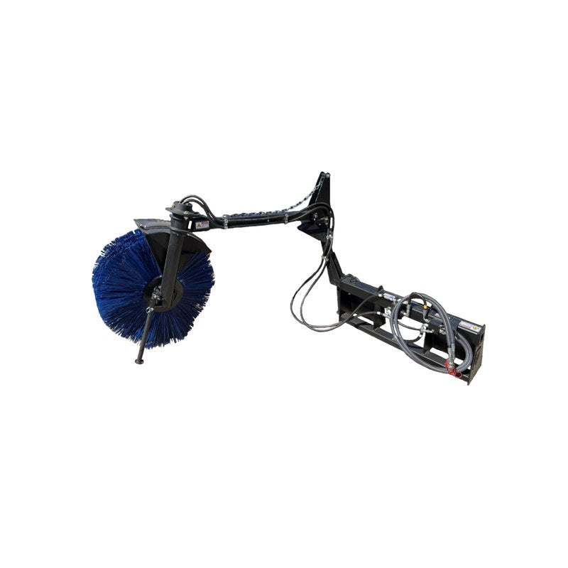 Maxx Attachments feed bunk sweeper with a 36 inch poly bristle broom on its adjustable arm