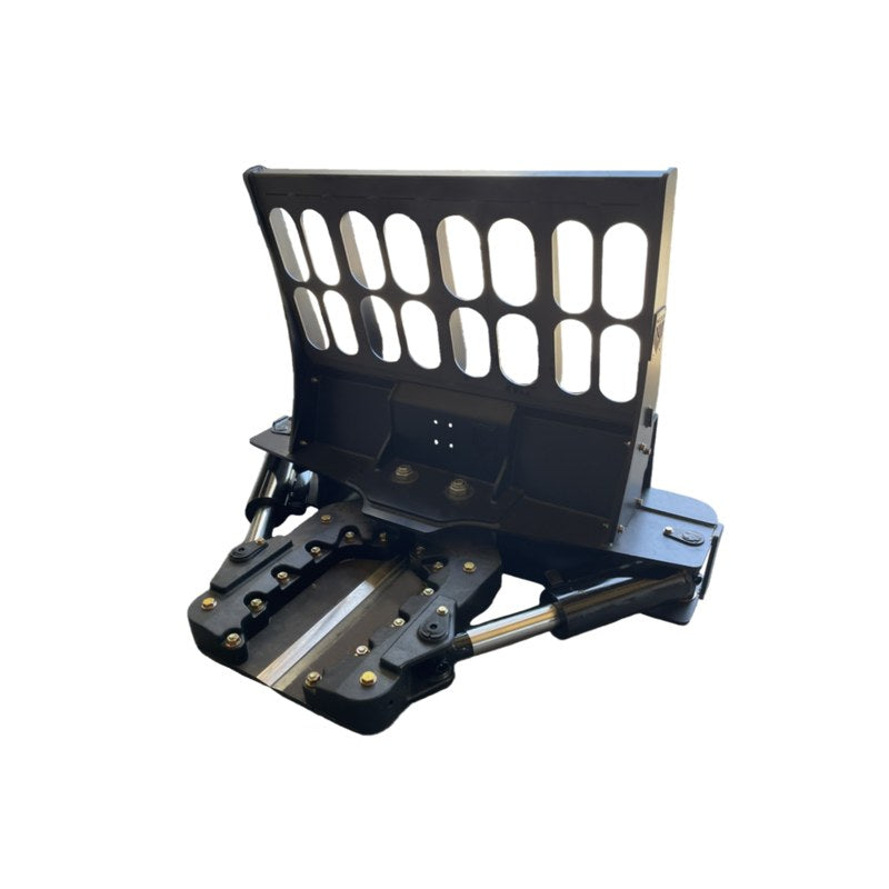 Maxx Attachments Ranch Axe 14 inch skid steer tree shear with brushguard and extended arms, front three quarter view
