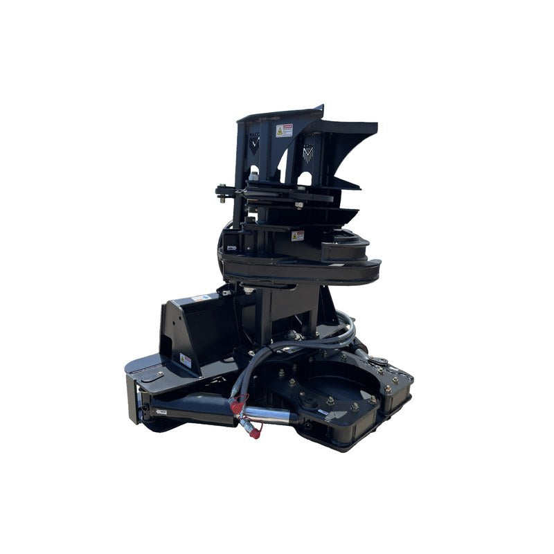 Maxx Attachments Timberwolf 16 inch bunching tree shear with dual grapple arms and accumulator arm, front three quarter view
