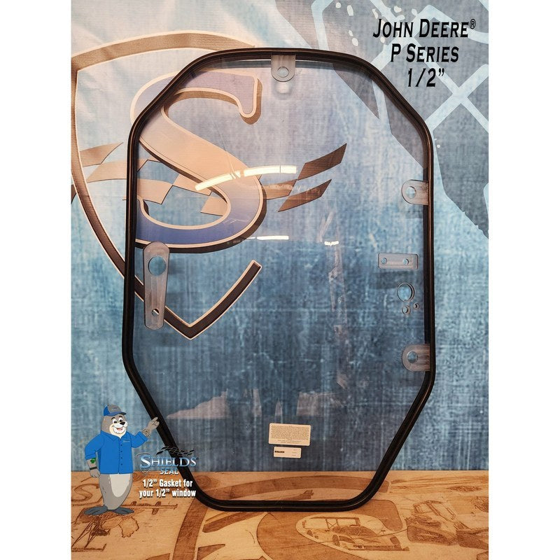 SHIELDS 1/2 inch John Deere P-Series door window with the SHIELDS Seal gasket, front view