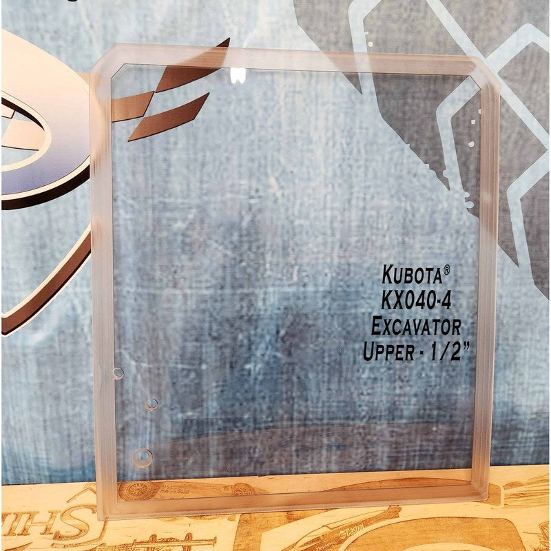 SHIELDS 1/2 inch upper front window for the Kubota KX040-4, front view