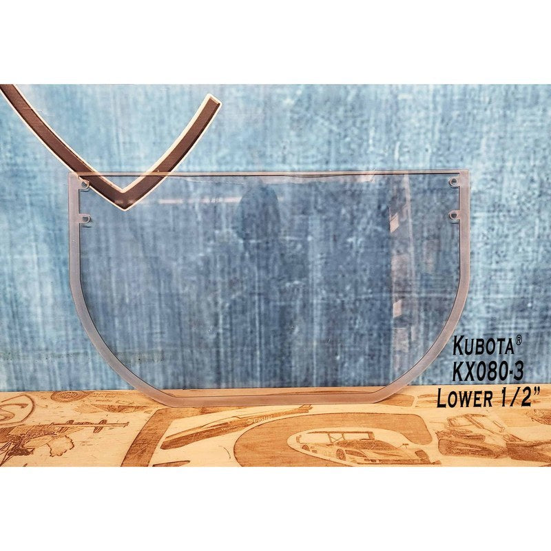 SHIELDS 1/2 inch lower front window for the Kubota KX080-3, front view