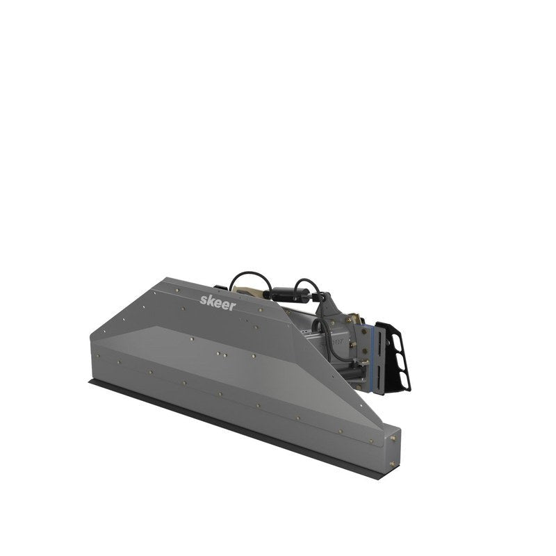 Skeer 6-Way PRO skid steer grading blade with flat cutting edge, front three quarter view