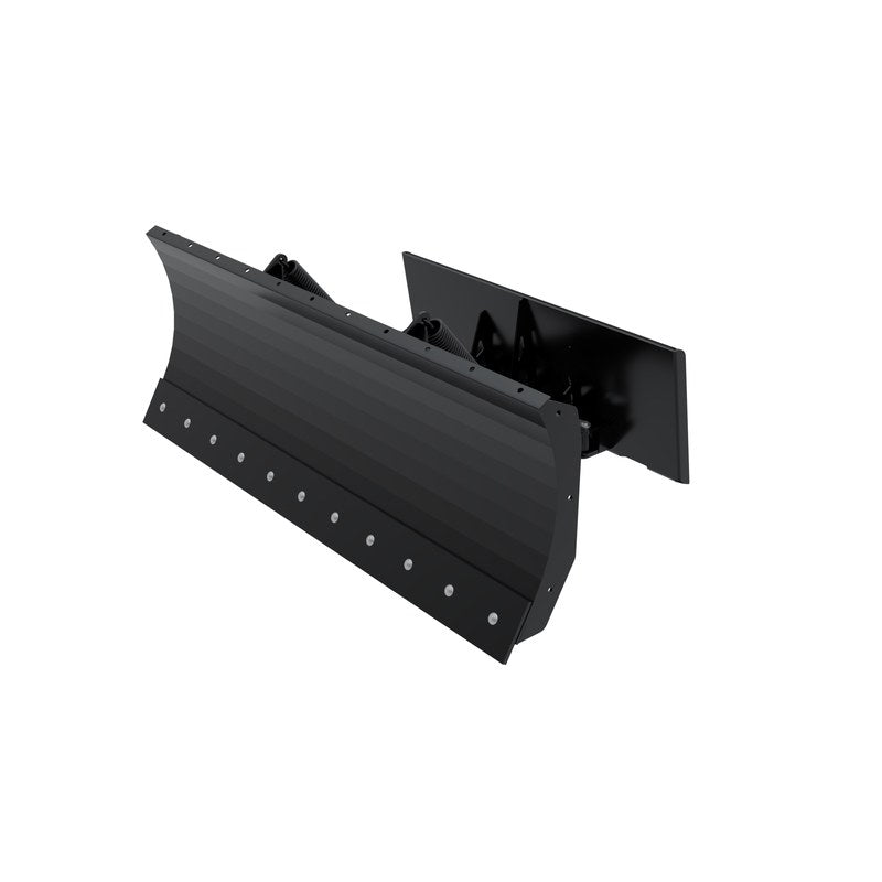 Top Dog Attachments 66 inch compact tractor snow blade, front three quarter view of the curved moldboard