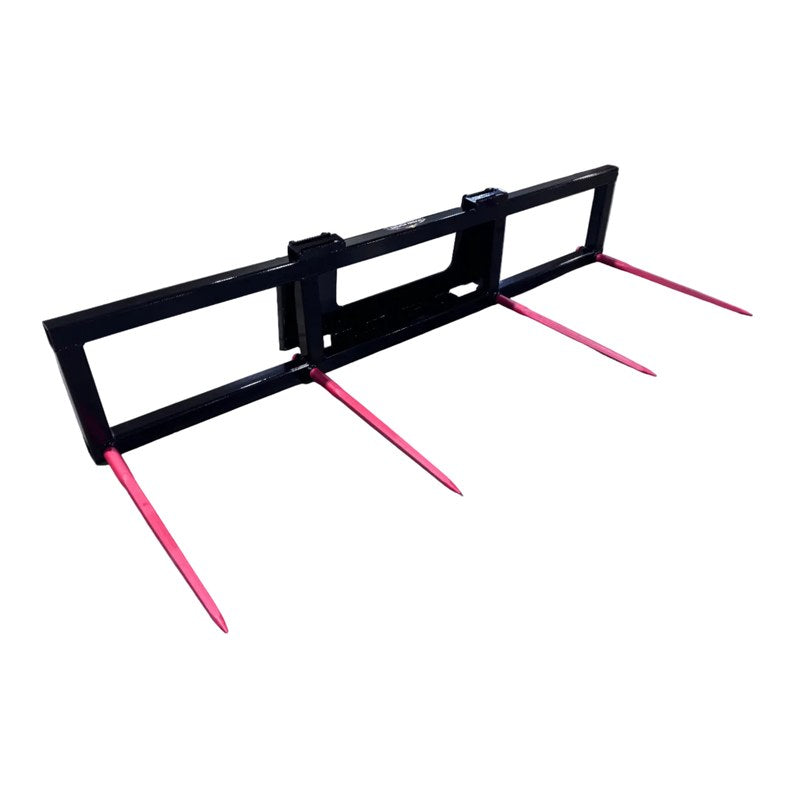 Top Dog Attachments double round bale spear with red tipped spears, front three quarter view