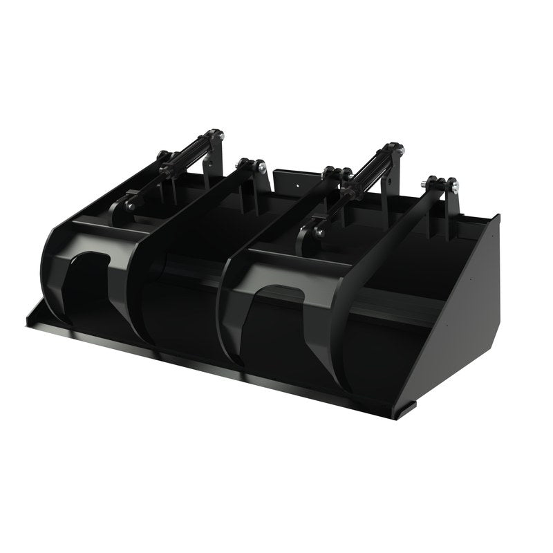 Top Dog Attachments low profile dirt bucket with grapple, front three quarter view