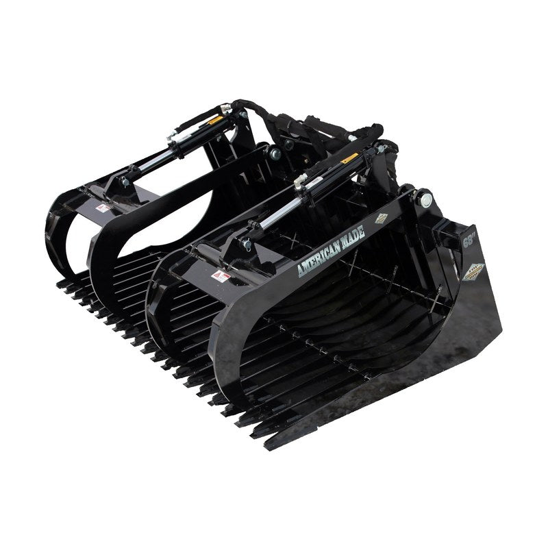 Top Dog Attachments standard brush grapple bucket, front three quarter view with the twin grapple arms