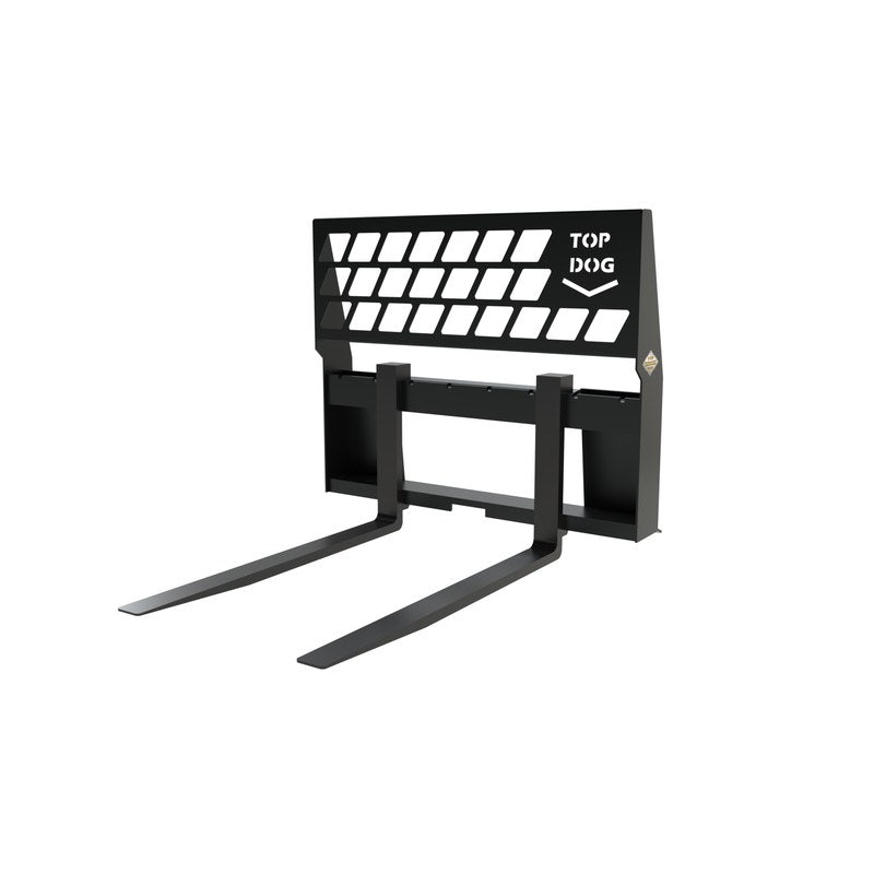 Top Dog Attachments standard skid steer pallet fork frame with 48 inch forks, front three quarter view