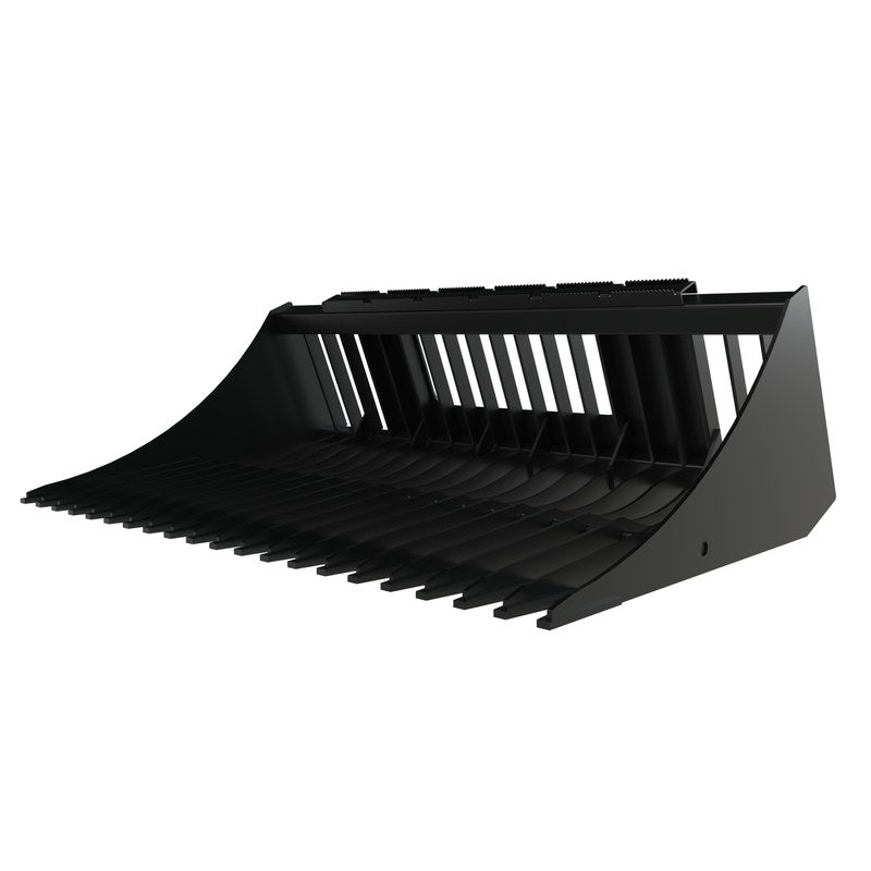 Top Dog Attachments skid steer rock bucket, front three quarter view of the tines