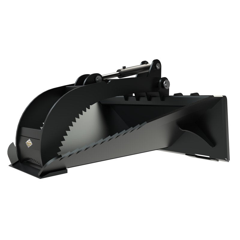 Top Dog Attachments skid steer stump bucket with grapple, front three quarter view