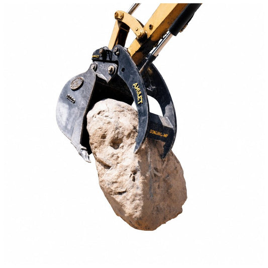 Amulet hydraulic excavator thumb gripping a quarry boulder, cutout view