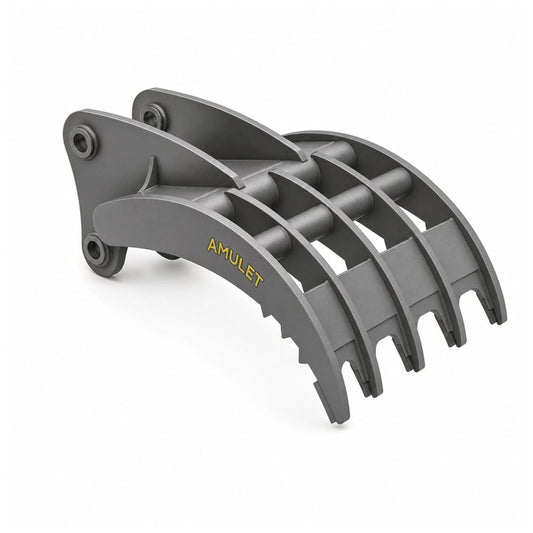 Amulet HoeMate multi tine excavator rake, angled studio view