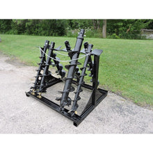Berlon Industries auger rack holding auger bits, front three quarter view