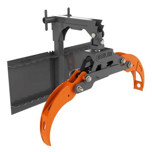 Berlon Industries BFC forestry claw grapple with the orange claw, front three quarter view
