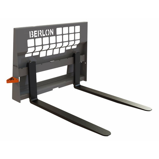 Berlon Industries BPFF Class II pallet forks with the full brickguard, front three quarter view