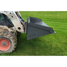 Berlon Industries extended lip skid steer bucket, side view on a skid steer