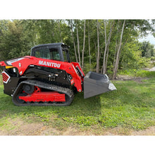 Berlon Industries heavy duty grading bucket, side view on a track loader