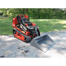 Berlon Industries MIBEL bucket on a red mini track loader on a gravel drive
