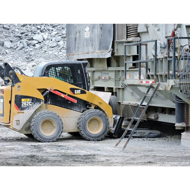 Berlon Industries MLB material long bucket on a CAT skid steer at a quarry conveyor