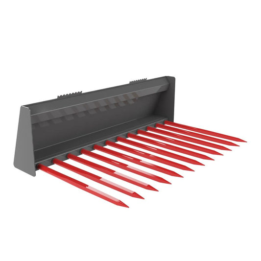 Berlon Industries MTMF manure fork with red Conus tines, front three quarter view