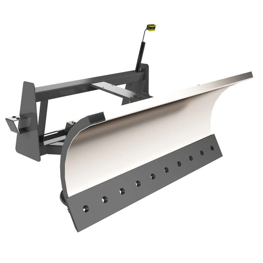 Berlon Industries SBLD skid steer snow blade with the stainless moldboard, front three quarter view