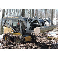 Berlon Industries SKLGR grapple holding a log on a New Holland skid steer