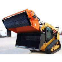 Broce BBA pickup broom dumping its bucket on a compact track loader, side view