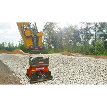 Connect Work Tools CC series excavator plate compactor on a crushed stone base, jobsite view