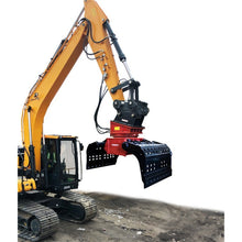 Connect Work Tools CG rotating demolition grapple with jaws open on an excavator, side view