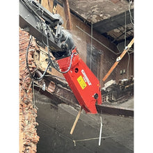 Connect Work Tools CS15 hydraulic shear cutting a steel beam in a building demolition, working view