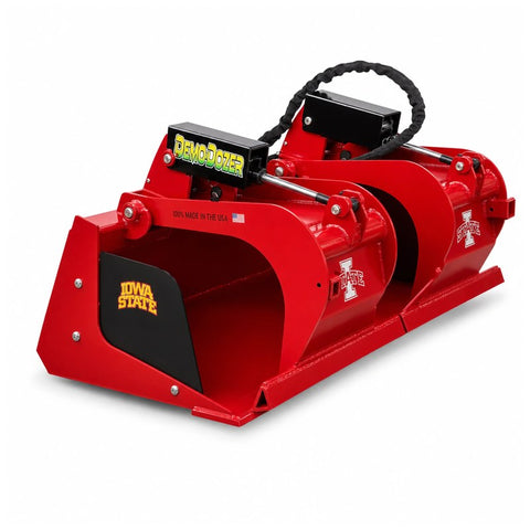Demo-Dozer skid steer grapple bucket, red finish, front angled view