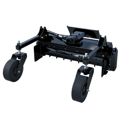 EIP Manufacturing mini skid steer power rake, front three quarter view