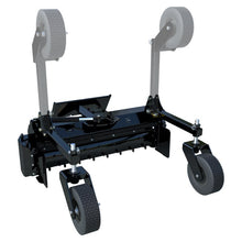 EIP Manufacturing mini skid steer power rake with the gauge wheels shown raised and lowered