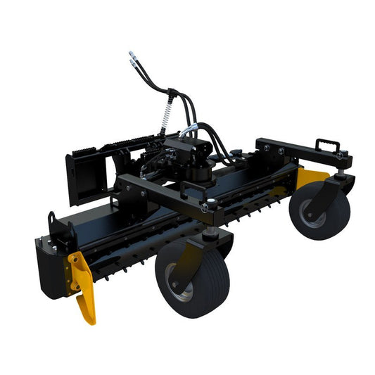 EIP Manufacturing skid steer power rake, front three quarter view