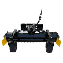 EIP Manufacturing skid steer power rake, front view of the drum and gauge wheels
