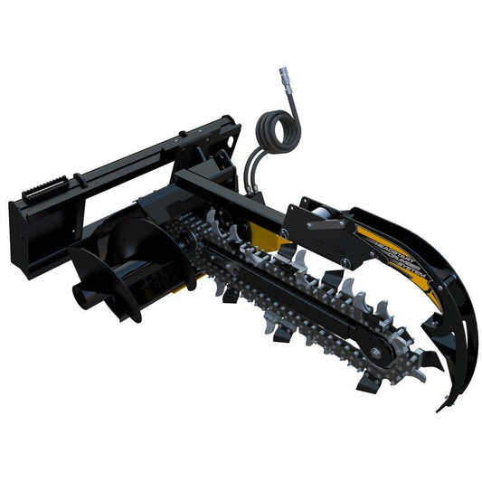 EIP Manufacturing skid steer trencher shown on a quick attach mounting frame, front three quarter view