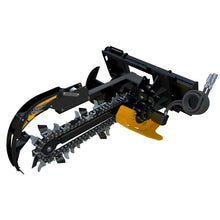 EIP Manufacturing skid steer trencher, rear three quarter view of the chain and boom