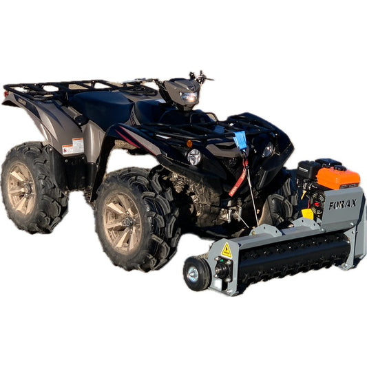 Forax Equipment GP36 gas powered ATV mulcher mounted at the front of an ATV, three quarter view