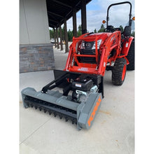 Forax Equipment GP40 gas powered mulcher on a compact tractor loader, front view