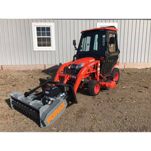 Forax Equipment GP40 gas powered mulcher on a compact tractor front loader with a fixed bracket