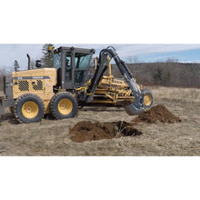 Forax Equipment grader implement boom with the bucket digging beside a road grader