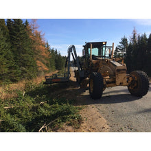 Forax Equipment grader implement boom cutting roadside brush from a road grader