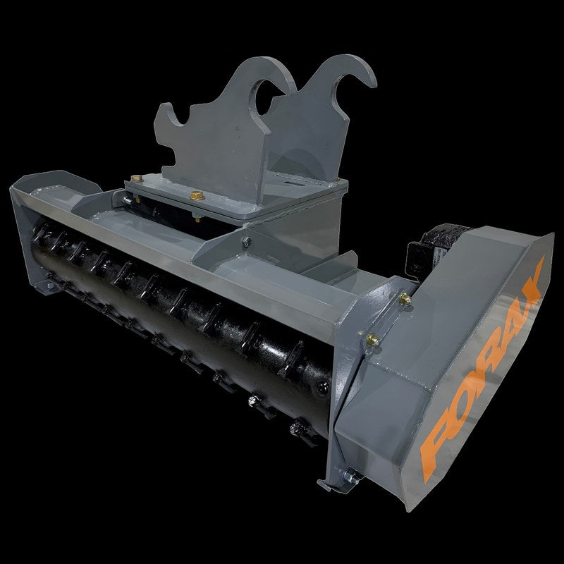 Forax Equipment HP40 ultralight mini excavator mulcher with lugs on the top plate, three quarter view