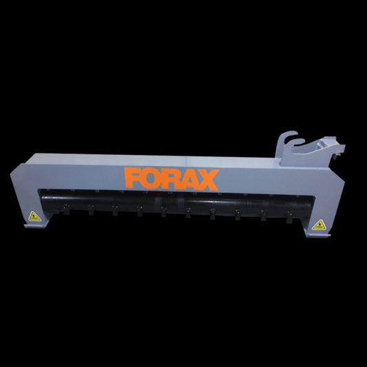 Forax Equipment XD72 extreme duty boom mulcher with the quick attach hooks on one end, front view