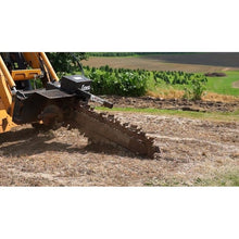 Lowe Manufacturing XR-Series trencher cutting a trench in bare dirt